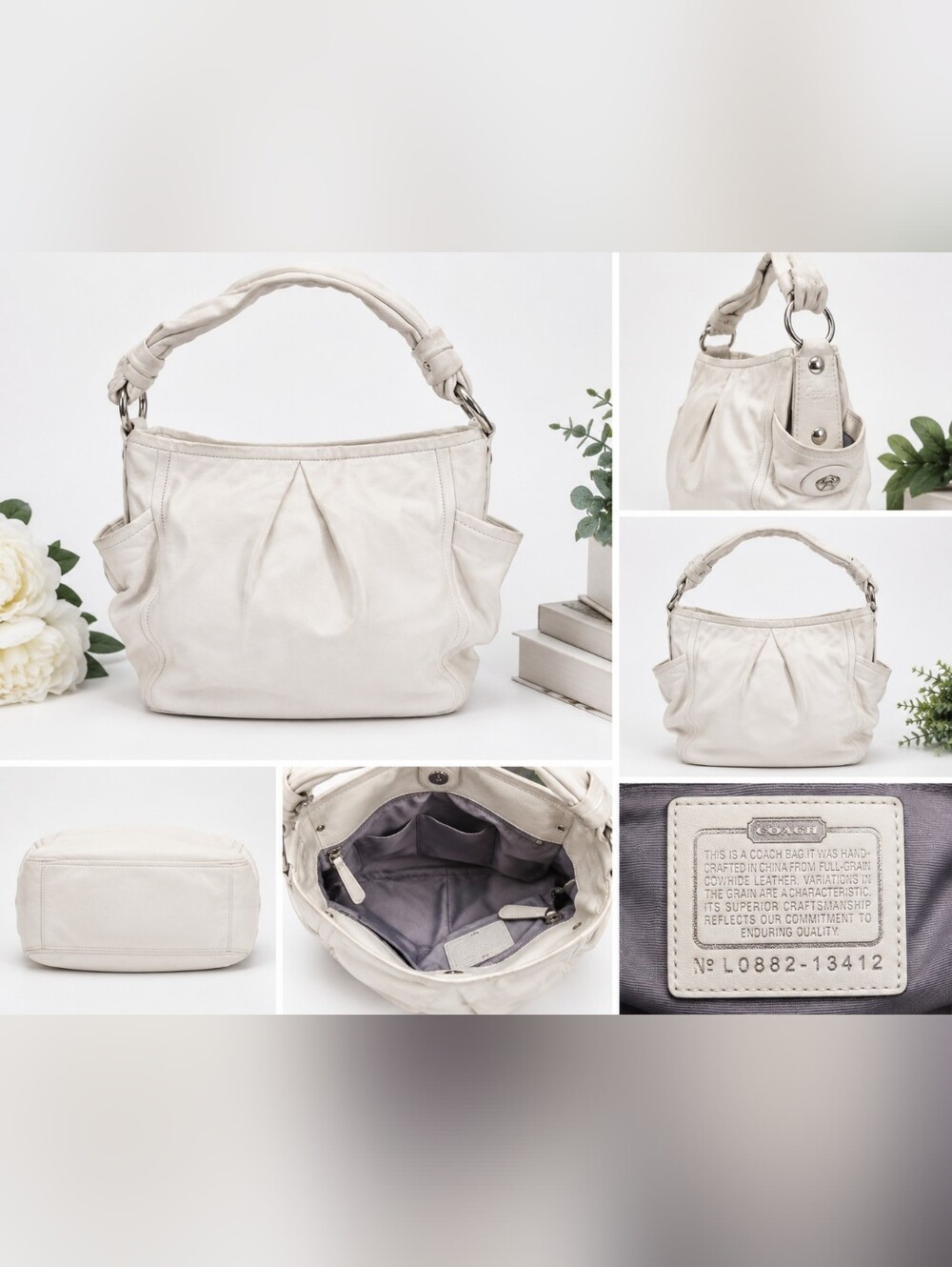 Coach 13412 White Full Grain Leather Shoulder Hobo Bag Tote Purse Silver.